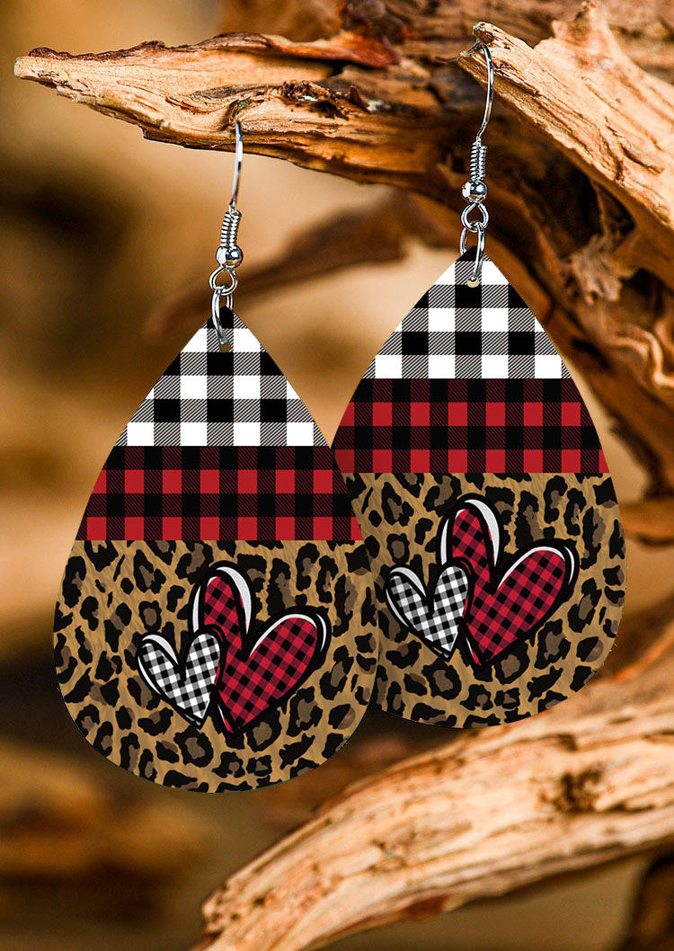 Leopard Plaid Heart Water Drop Earrings