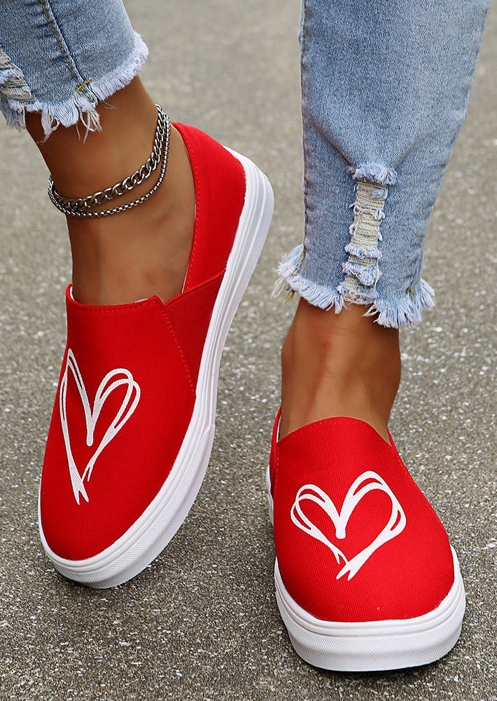 

Valentine Love Heart Round Toe Flat Sneakers - Red, 524997
