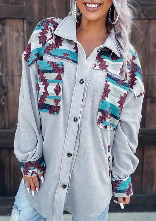 

Aztec Geometric Pocket Button Coat - Gray, 525002