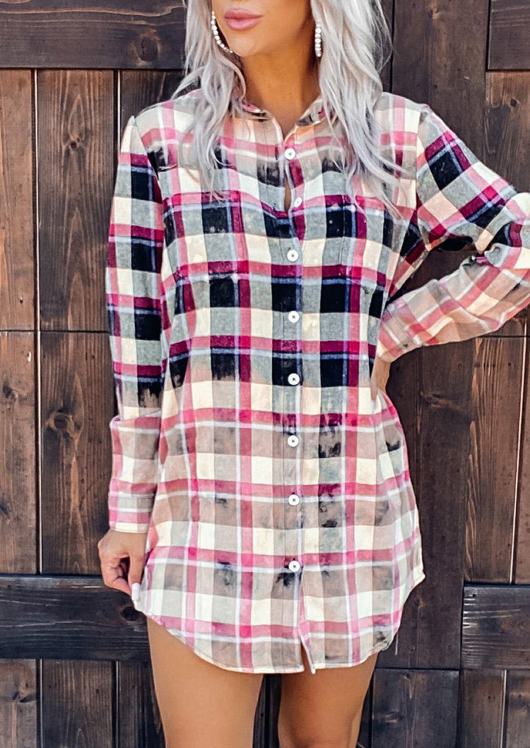 

Plaid Pocket Button Long Sleeve Mini Dress, Multicolor, 525003