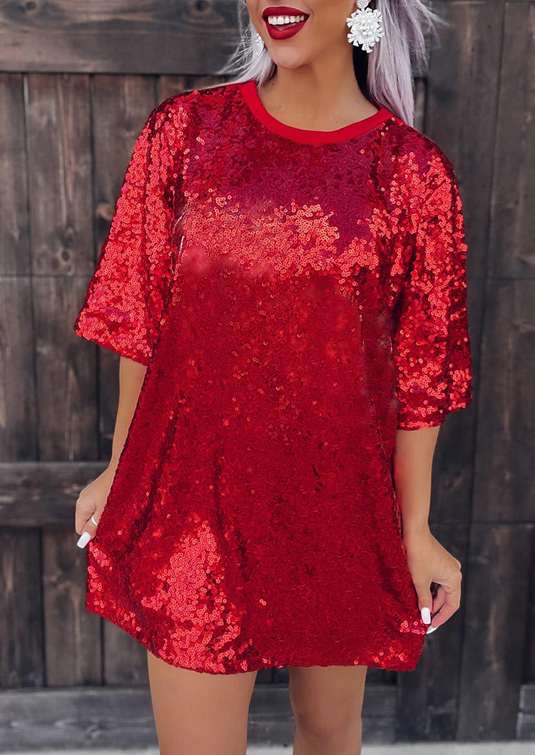 

Sequined O-Neck Long Sleeve Mini Dress - Red, 525005
