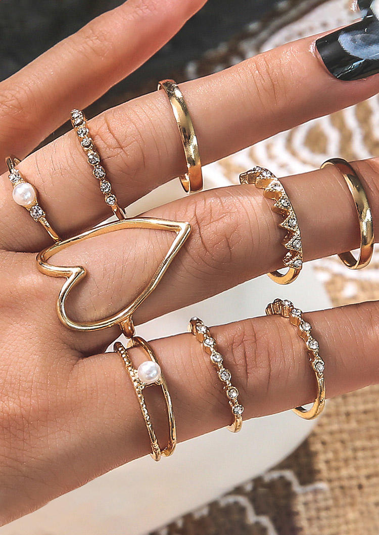 

9Pcs Heart Pearl Rhinestone Ring, Gold, 524522