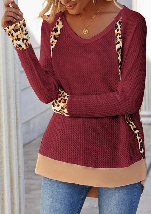 

Leopard Splicing Long Sleeve Blouse - Burgundy, 524739