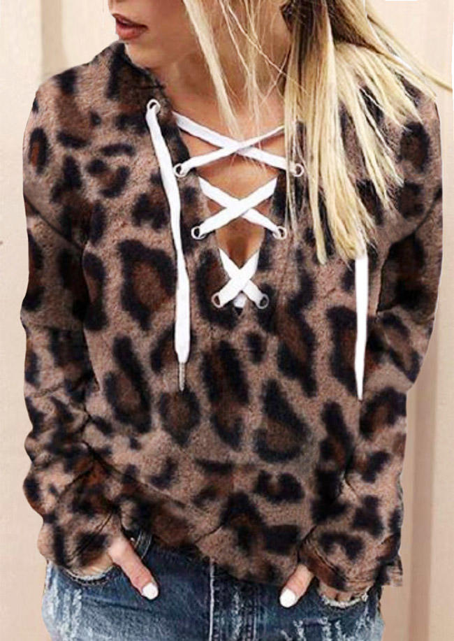 

Leopard Lace Up Long Sleeve Hooded Blouse, 524782