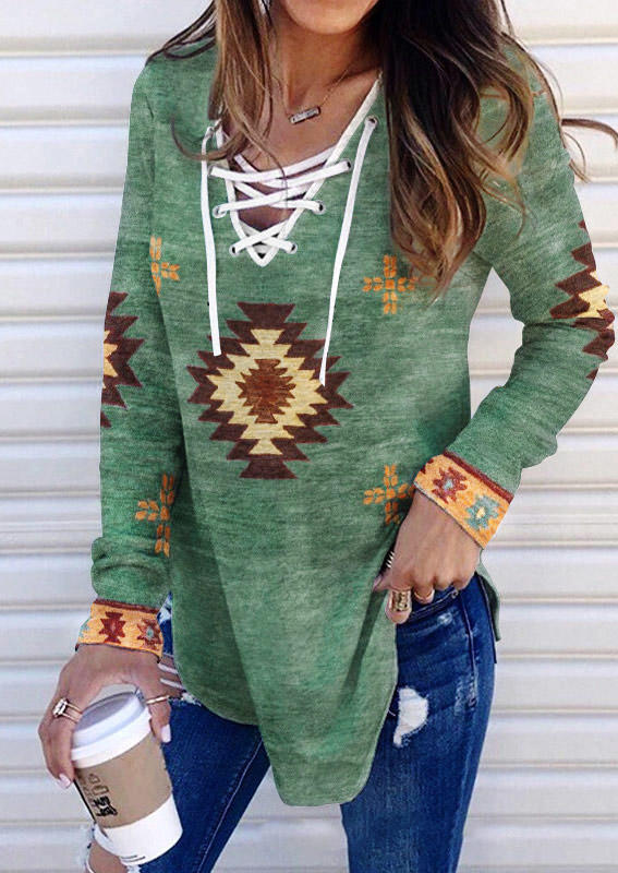 

Lace Up Aztec Geometric Long Sleeve Blouse - Light Green, 524881