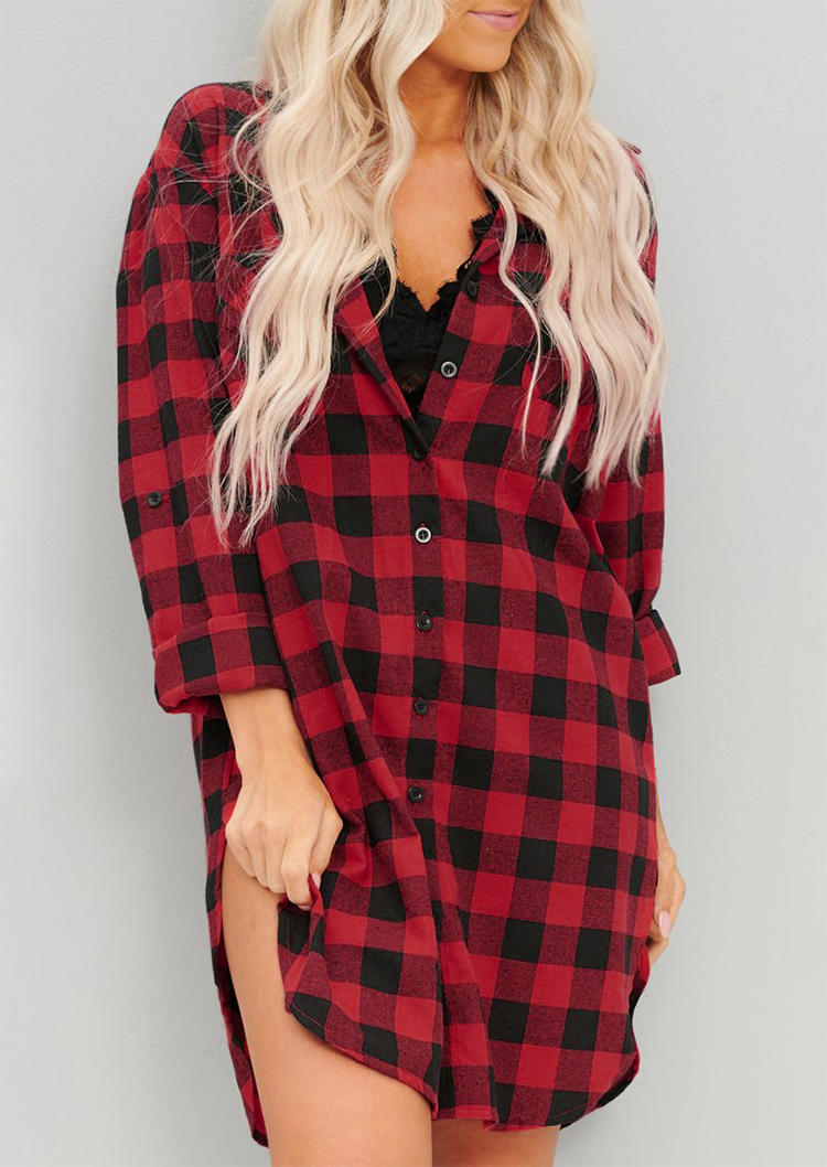 Plaid Button Long Sleeve Mini Dress - Red