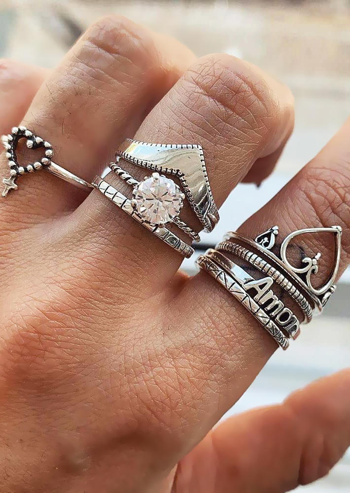 

8Pcs Valentine Rhinestone Hollow Out Ring Set, Silver, 525110