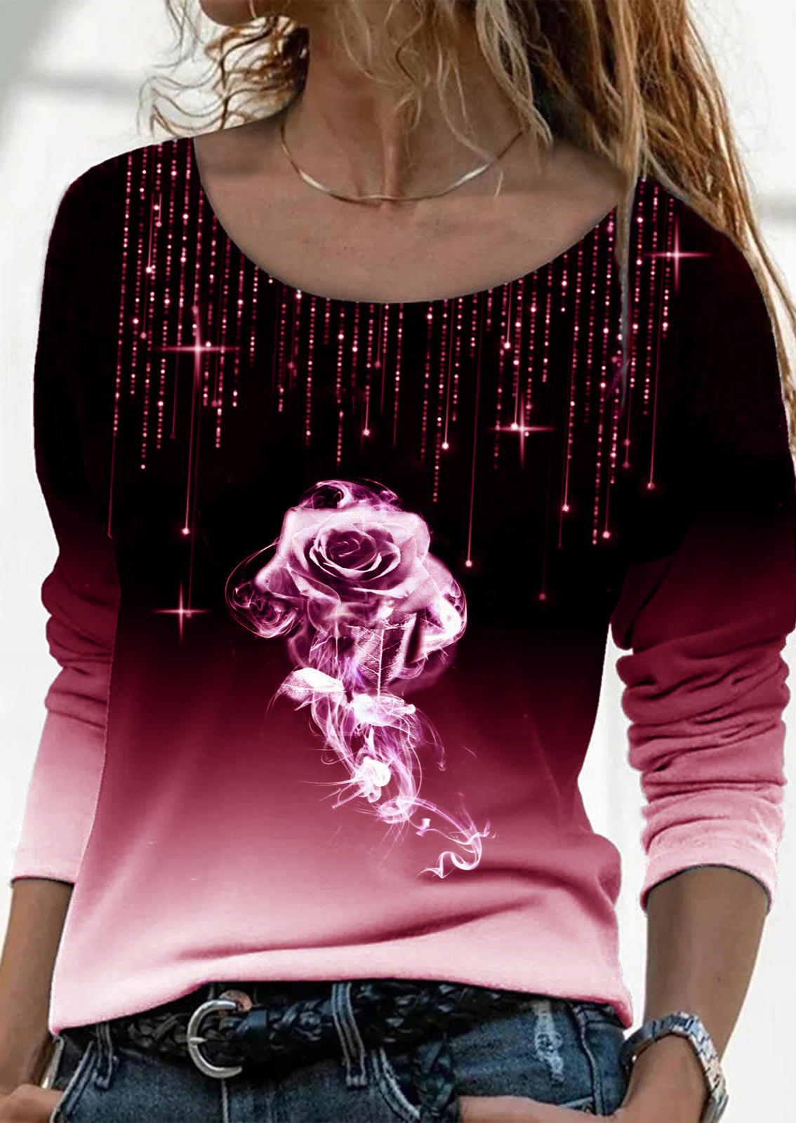

Rose Gradient Long Sleeve Blouse - Rose Red, 525116