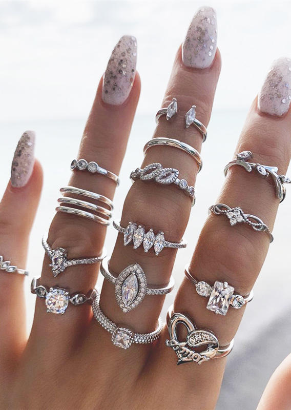 

15Pcs Valentine Rhinestone Heart Ring Set, Silver, 525120