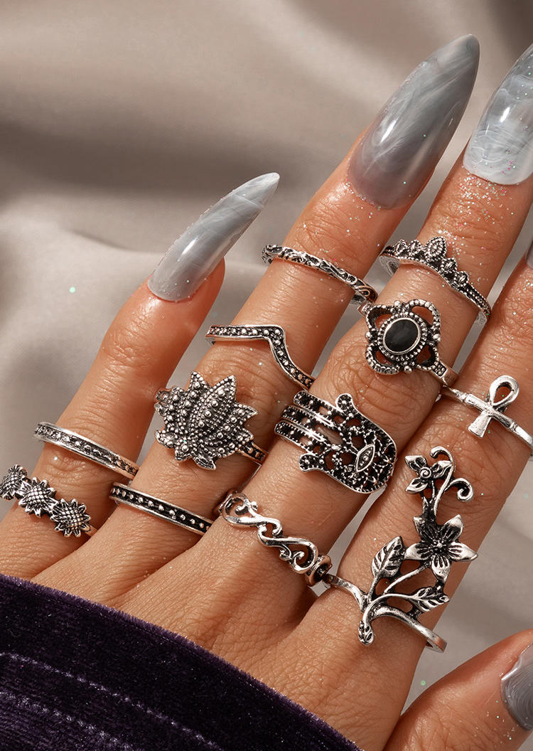 

12Pcs Sunflower Crown Rhinestone Ring Set, Silver, 525125