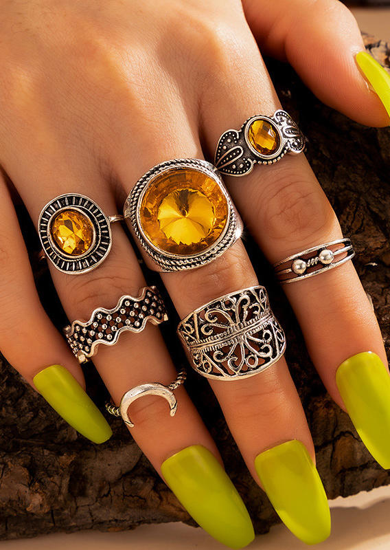 

7Pcs Vintage Hollow Out Moon Alloy Ring Set, Silver, 525139