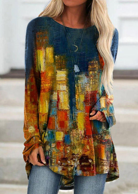 

Painting Long Sleeve O-Neck Blouse, Multicolor, 524419