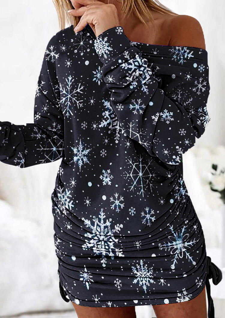 

Christmas Snowflake Ruched Drawstring Bodycon Dress - Black, 524421