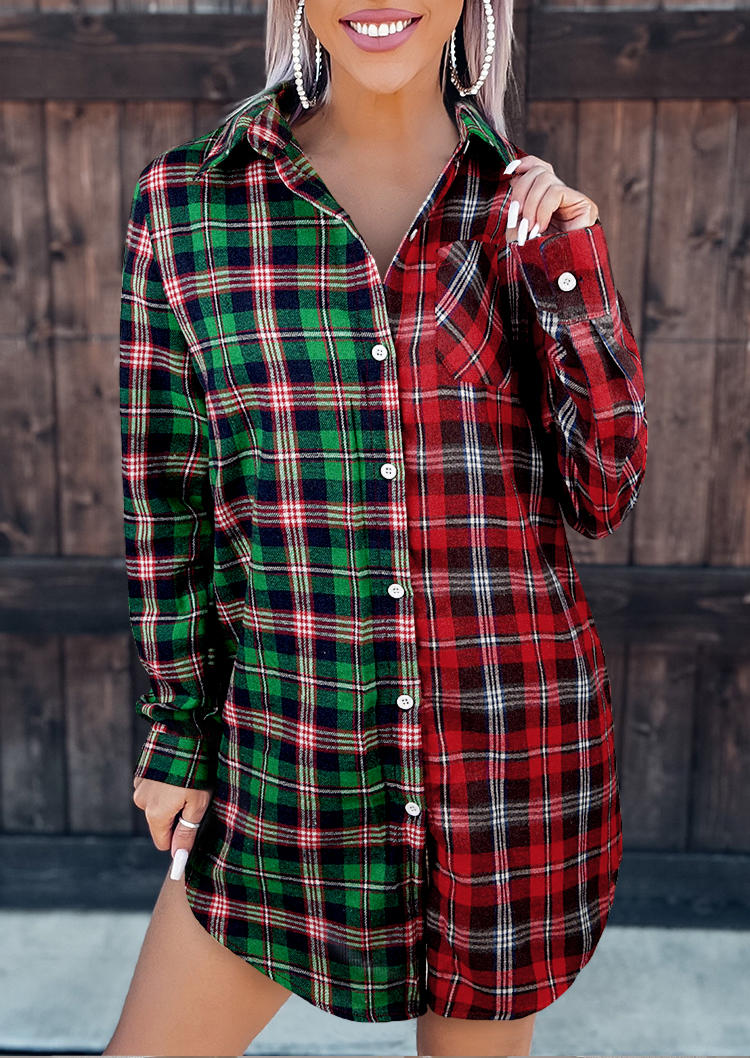 

Plaid Button Turn-Down Collar Shirt Mini Dress, Multicolor, 524714