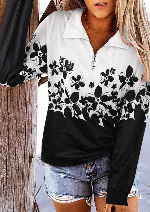 

Floral Zipper Collar Long Sleeve Sweatshirt - Black, 524752