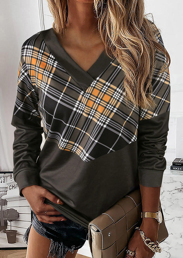 Buy Plaid V-Neck Long Sleeve Sweatshirt. Picture