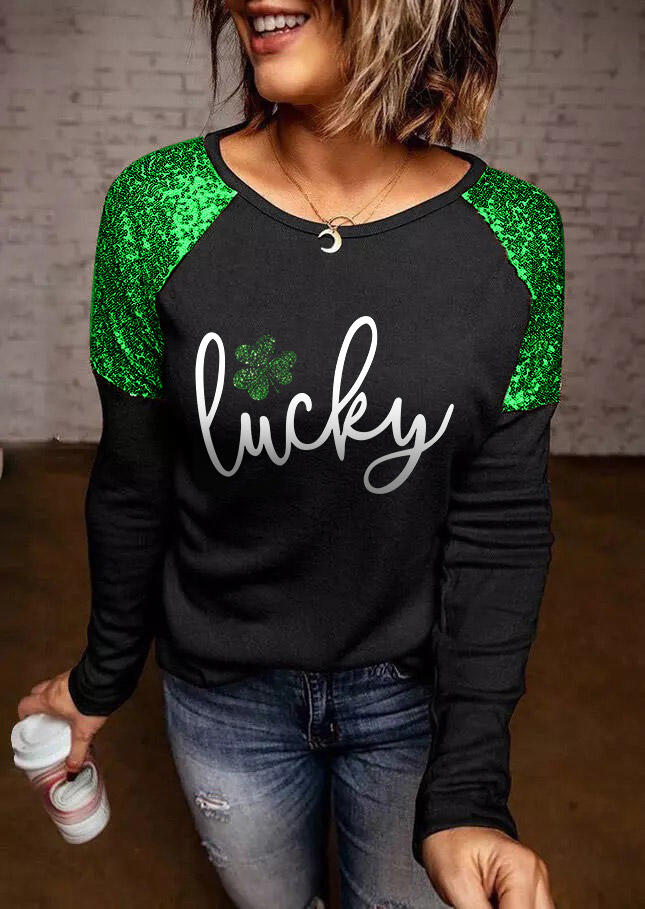 

St. Patrick's Day Sequined Lucky Shamrock T-Shirt Tee - Black, 525011