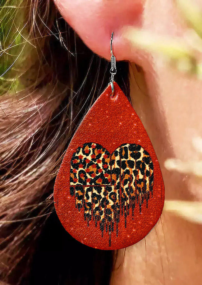 Leopard Heart Water Drop Earrings - Red