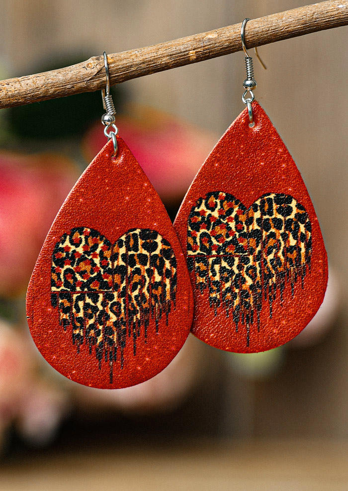 

Leopard Heart Water Drop Earrings - Red, 525100