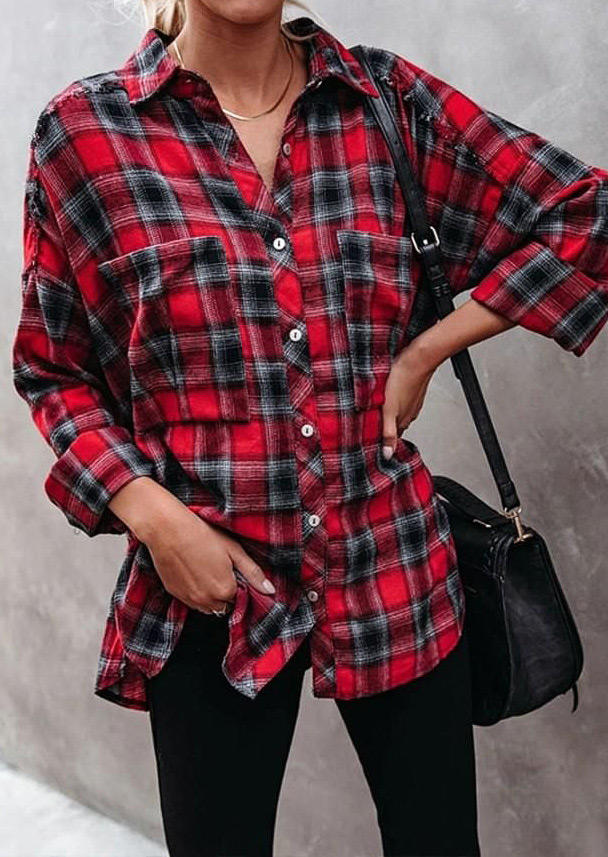 

Plaid Pocket Button Long Sleeve Shirt - Red, 525246