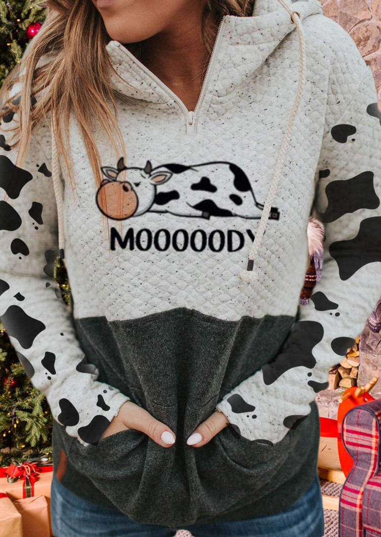 Mooooody Cow Zipper Long Sleeve Hoodie