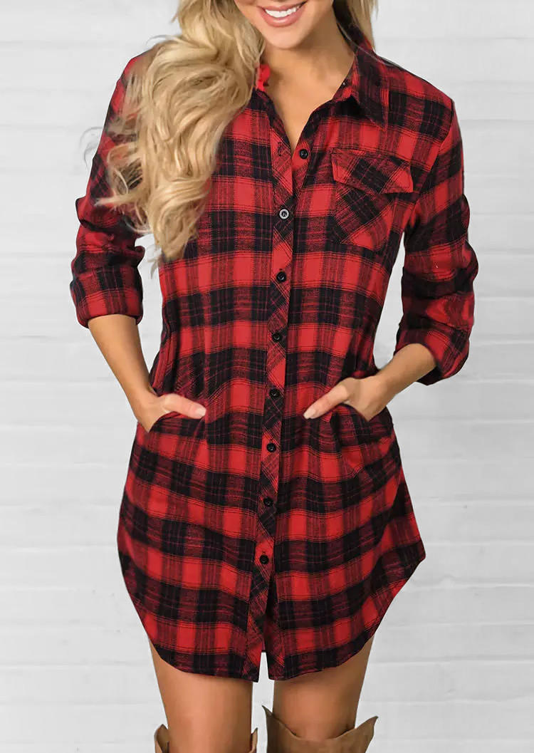 

Buffalo Plaid Button Pocket Mini Dress - Red, 519611