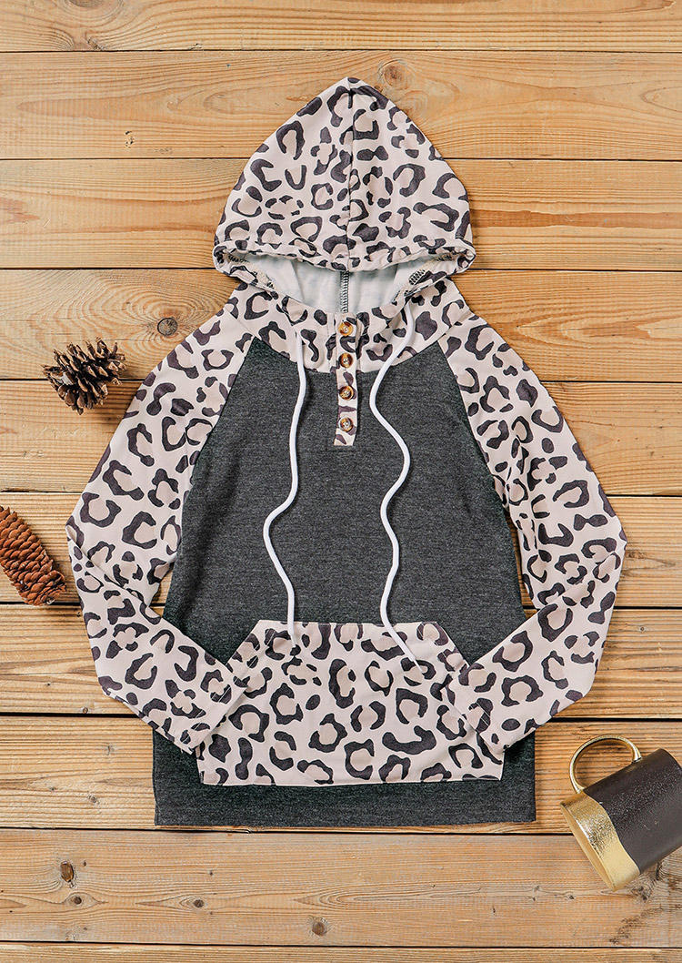 

Leopard Splicing Pocket Long Sleeve Hoodie - Women, 524498