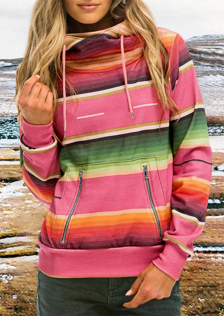 

Colorful Striped Pocket Long Sleeve Hoodie, Multicolor, 524595