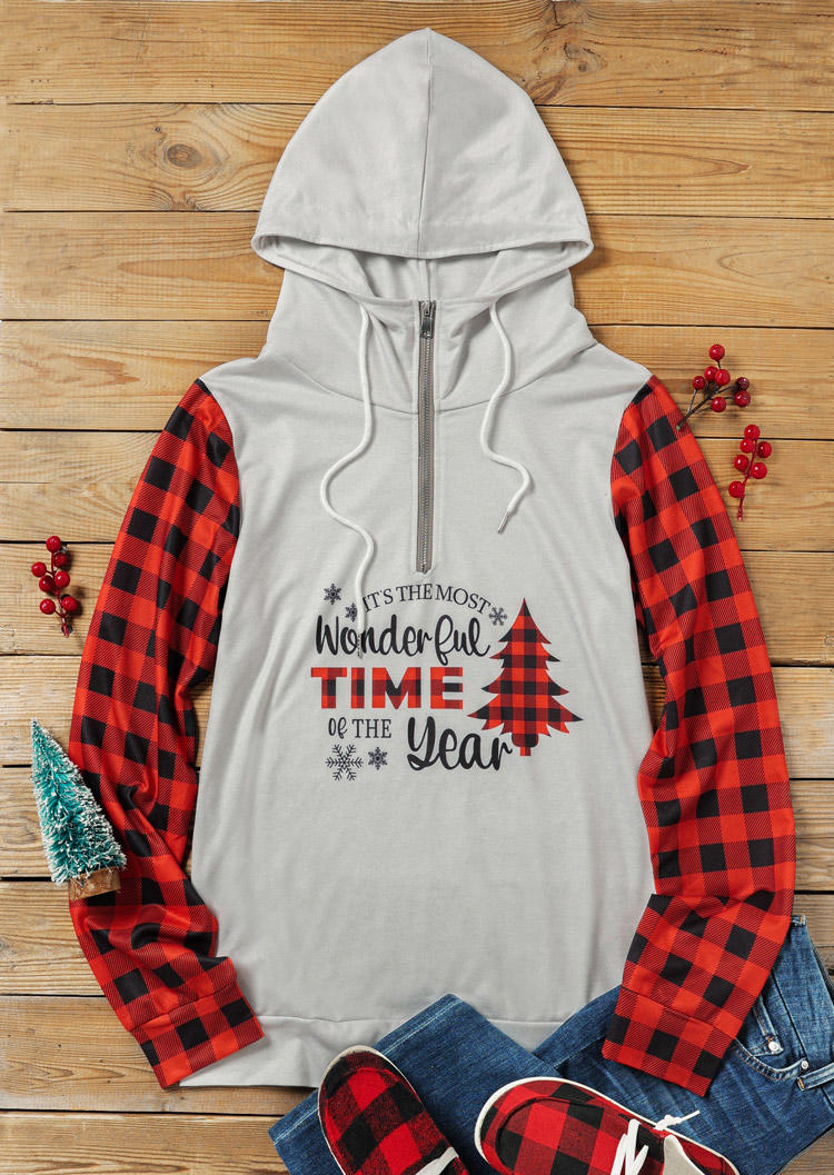 Wonderful Time Of The Year Plaid Hoodie - Light Grey