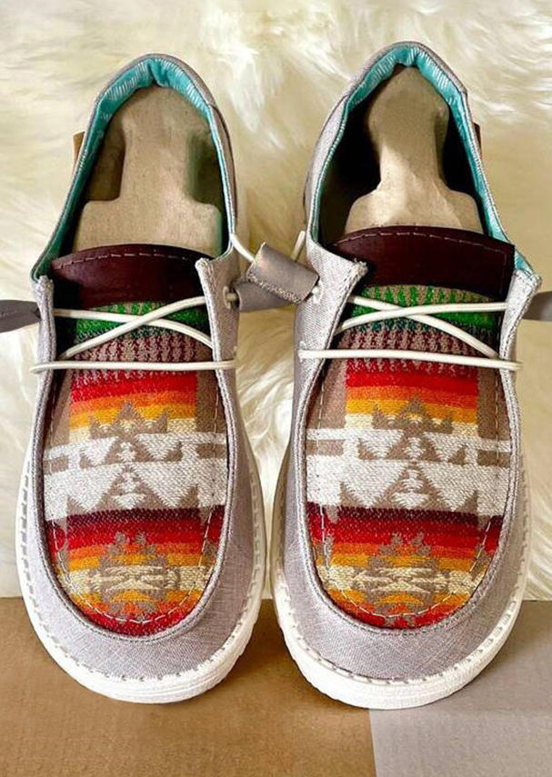 Aztec Geometric Round Toe Flat Sneakers - Gray