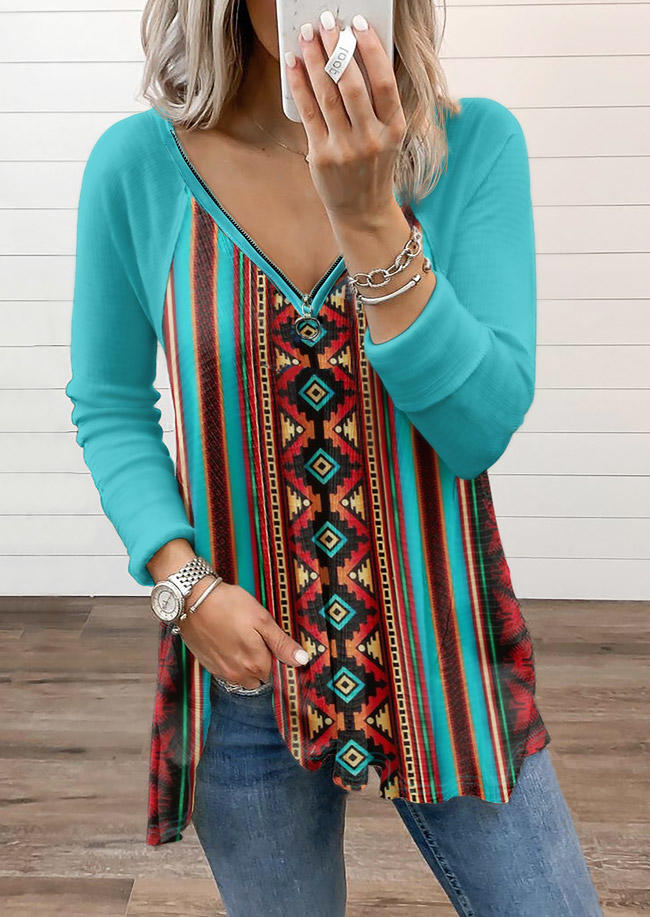 

Aztec Geometric Zipper V-Neck Blouse - Blue, 525112