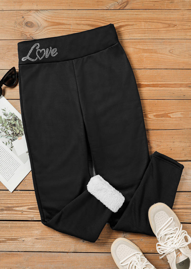 Love Rhinestone Thickened Warm Fleece Skinny Leggings - Black