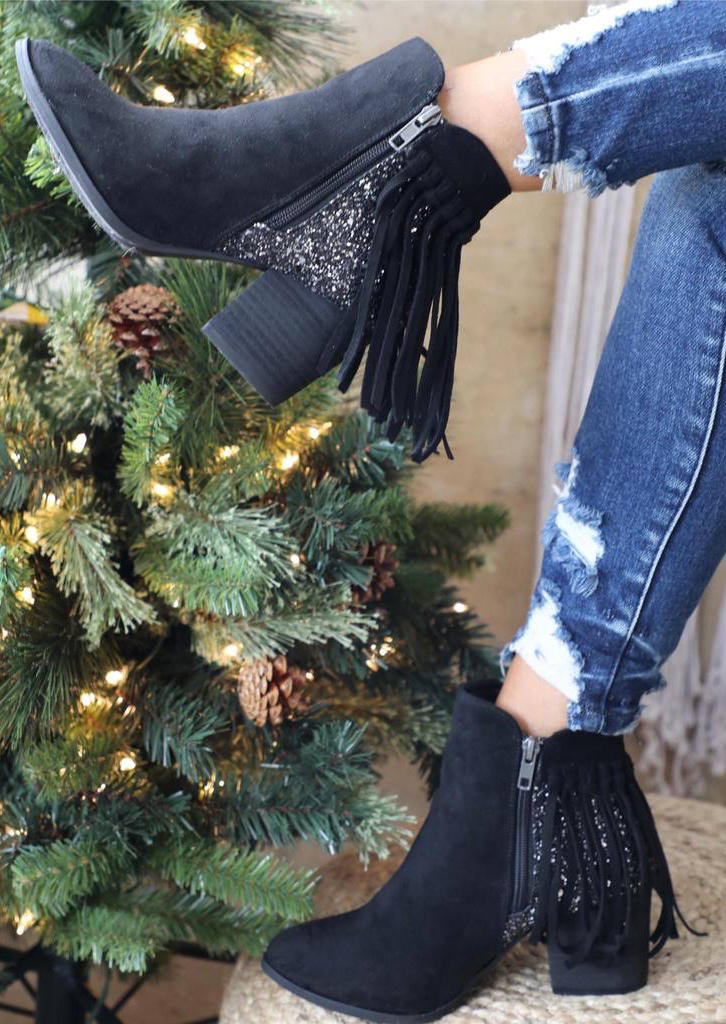 

Glitter Tassel Zipper Western Ankle Boots - Black, 525262