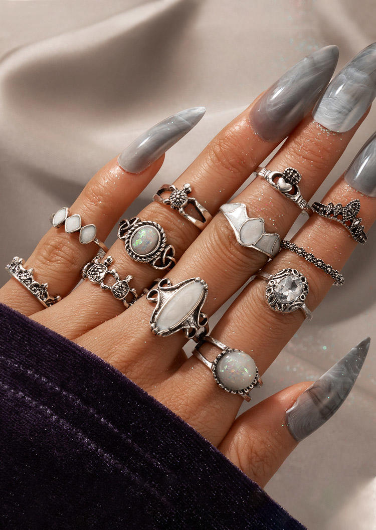 

12Pcs Crown Rhinestone Bohemian Ring Set, Silver, 525334