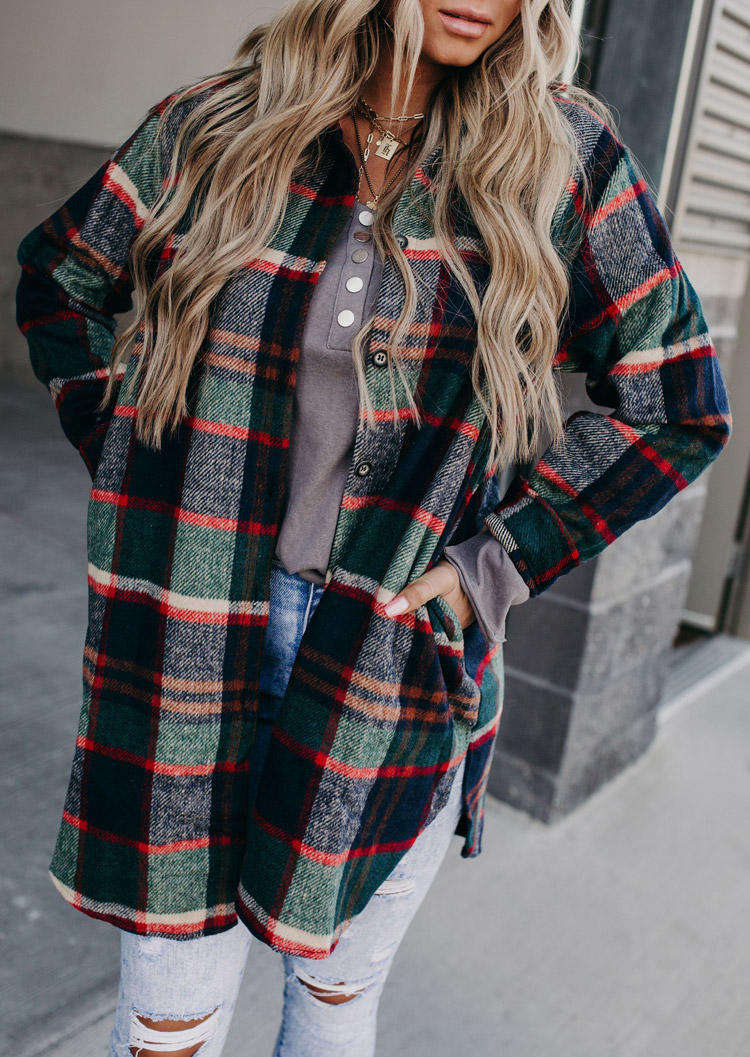 

Plaid Pocket Button Long Sleeve Cardigan, 525356