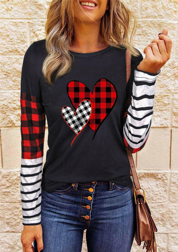 

Plaid Love Heart Striped T-Shirt Tee - Black, 525359