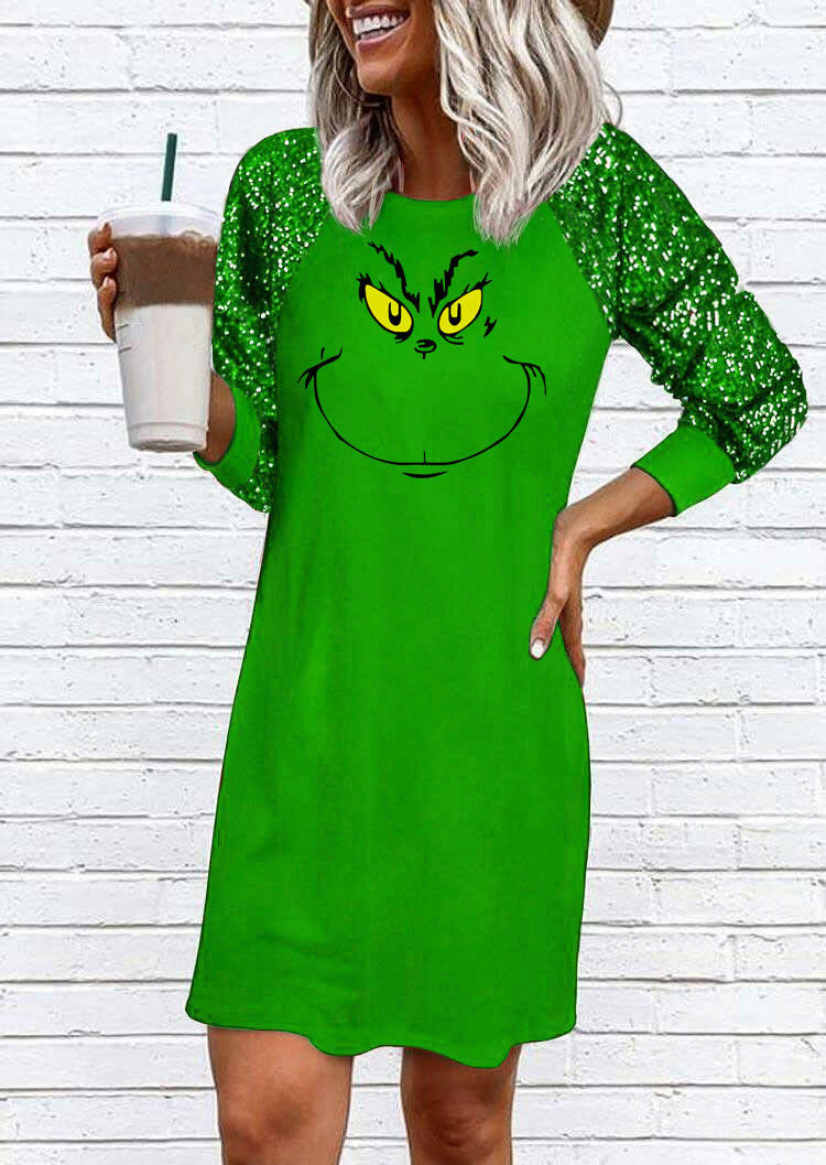 

Cartoon Sequined Long Sleeve Mini Dress - Green, 523227