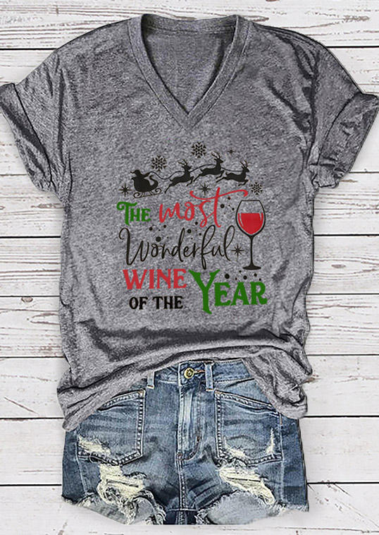 Wonderful Wine Of The Year Reindeer Snowflake V-Neck T-Shirt Tee - Gray