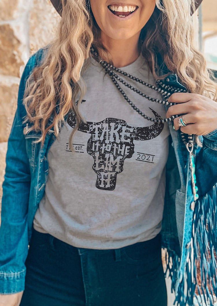 Take It To The Limit Steer Skull T-Shirt Tee - Gray