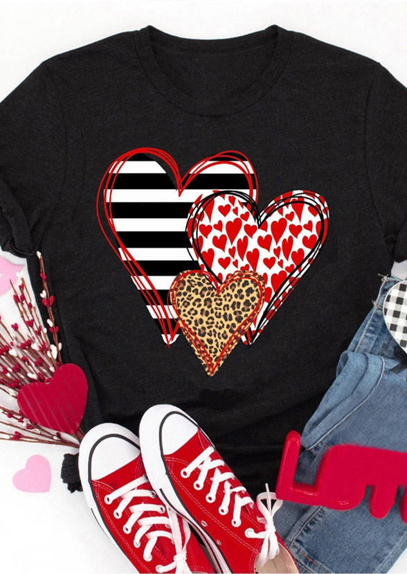 

Heart Love Striped Leopard T-Shirt Tee - Black, 524662