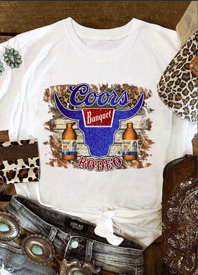 

Coors Banquet Rodeo Steer Skull Leopard T-Shirt Tee - White, 524861