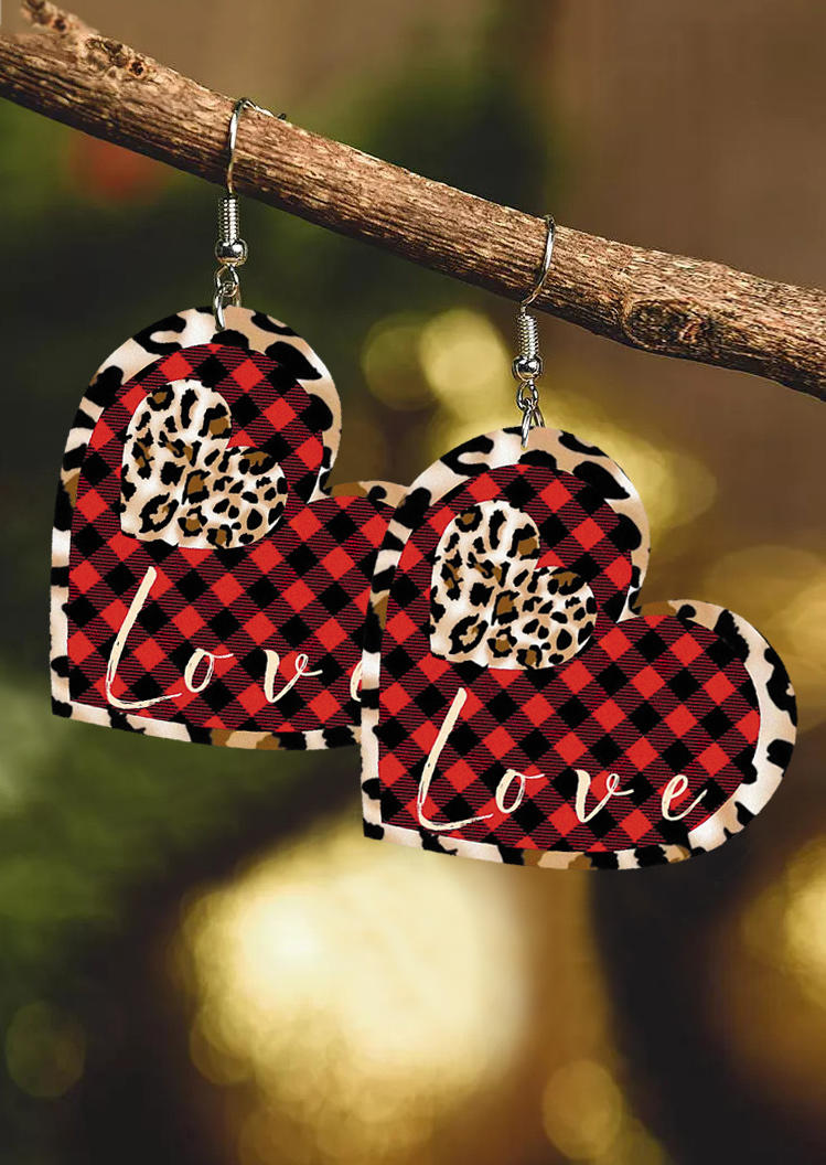 

Plaid Leopard Heart Earrings - Red, 525117