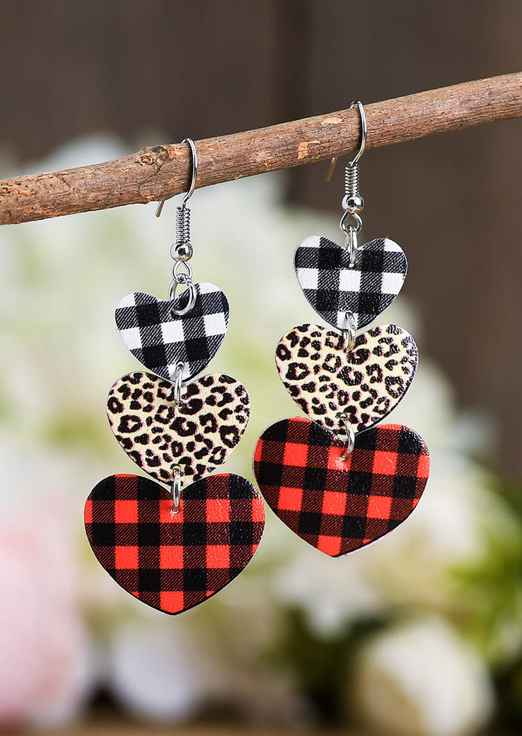 Plaid Leopard Loce Heart Pendant Earrings