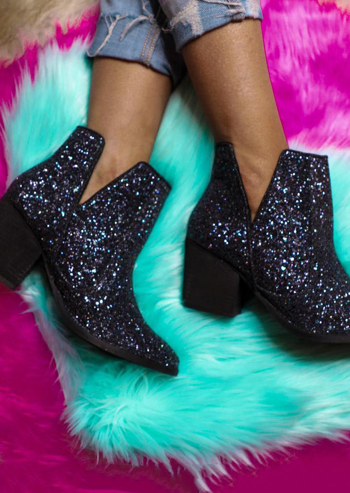 

Glitter Chunky Heel Ankle Boots - Black, 525559
