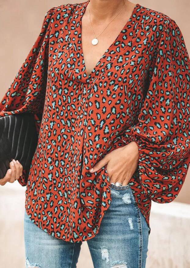 

Leopard Long Sleeve V-Neck Blouse - Orange, 524953