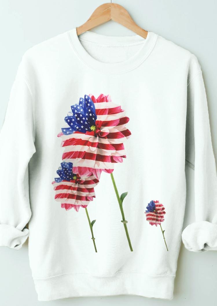 Floral Flag Long Sleeve O-Neck Sweatshirt - White