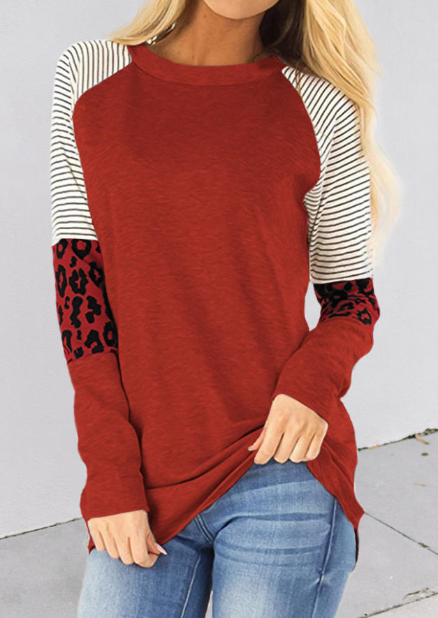 

Leopard Striped Long Sleeve Blouse - Brick Red, 524971