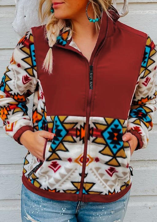 

Aztec Geometric Pocket Zipper Coat, Multicolor, 524975