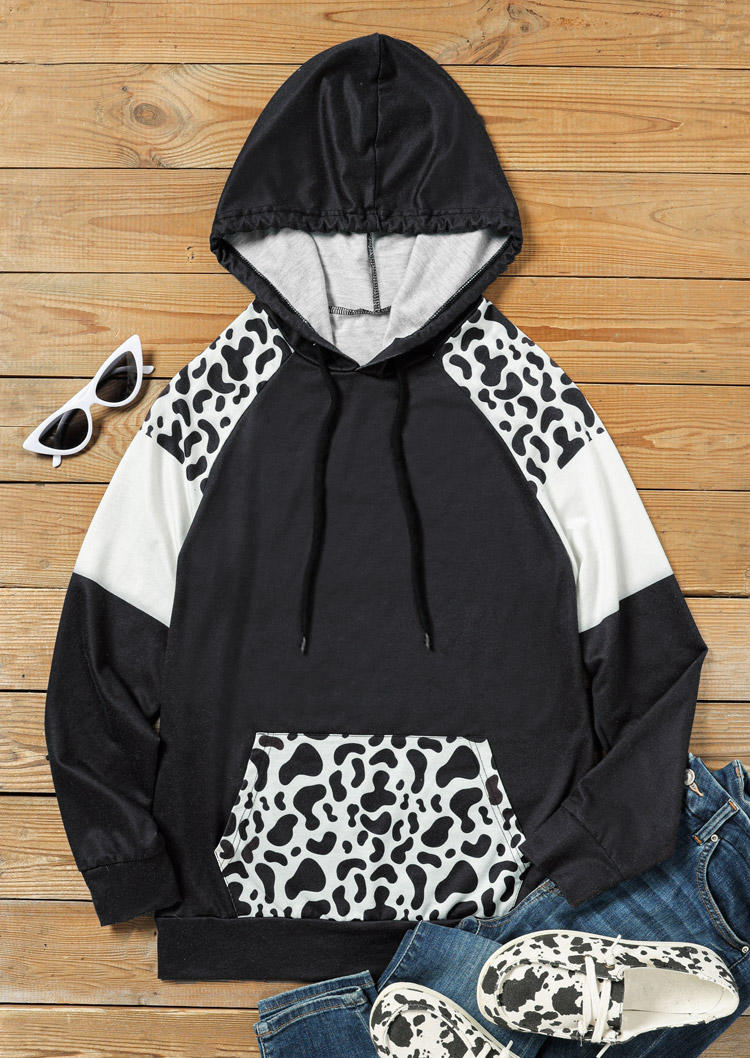 Cow Pocket Long Sleeve Hoodie - Black