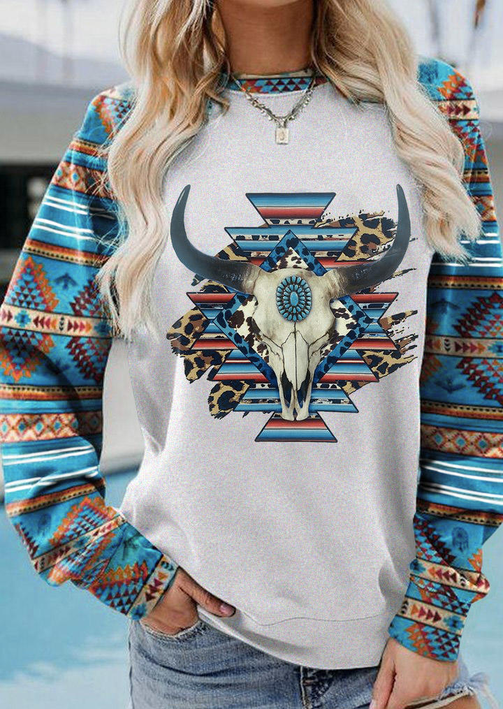 Buy Aztec Geometric  Steer Skull Sweatshirt - Light Grey. Picture